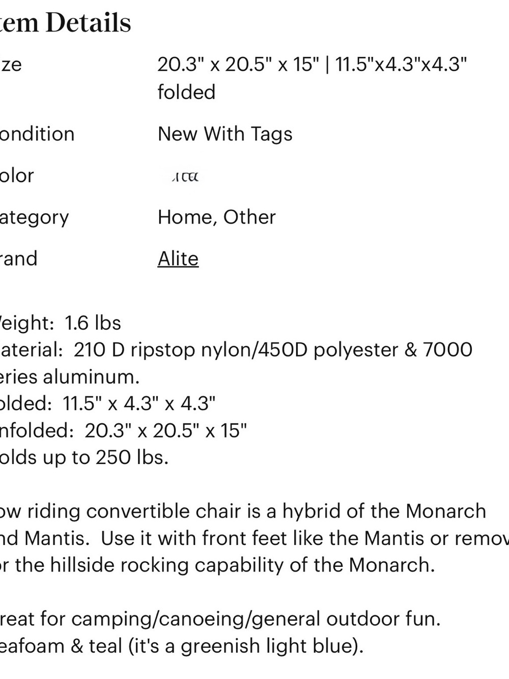 Alite Monarch lightweight camp Chair Black Packable - Picture 4 of 4